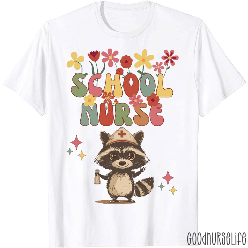 Floral Raccoon Flower School Nurse T-shirt