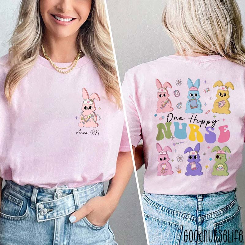 Personalized Cute Bunny Easter One Hoppy Nurse Two Sided T-Shirt