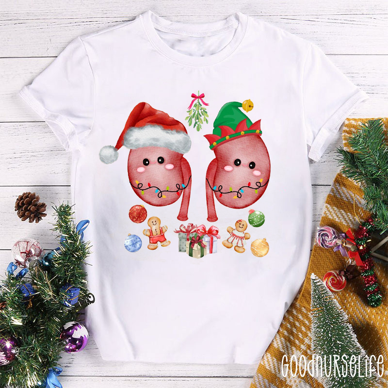 Kidney With Santa Hat And Elf Hat Nurse T-shirt