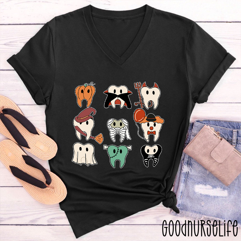 Halloween Tooth Queue Dental  Female V-Neck T-Shirt