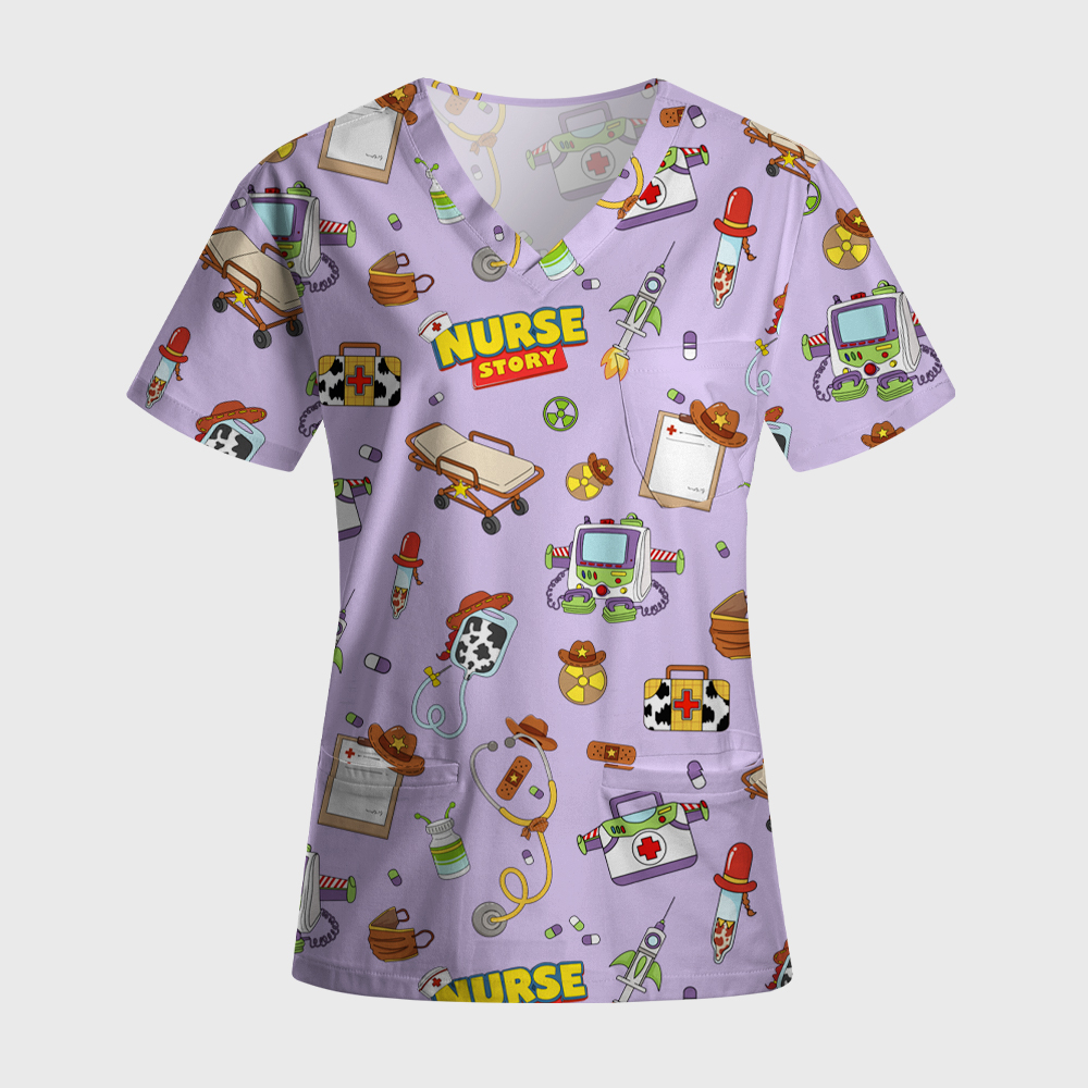 Cartoon Medical Equipment Print Nurse Scrub Set