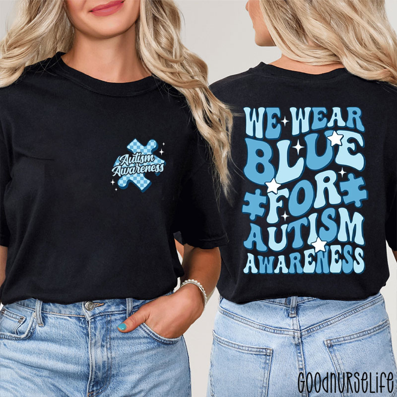 In April We Wear Blue Blue Checkerboard Two Sided T-Shirt