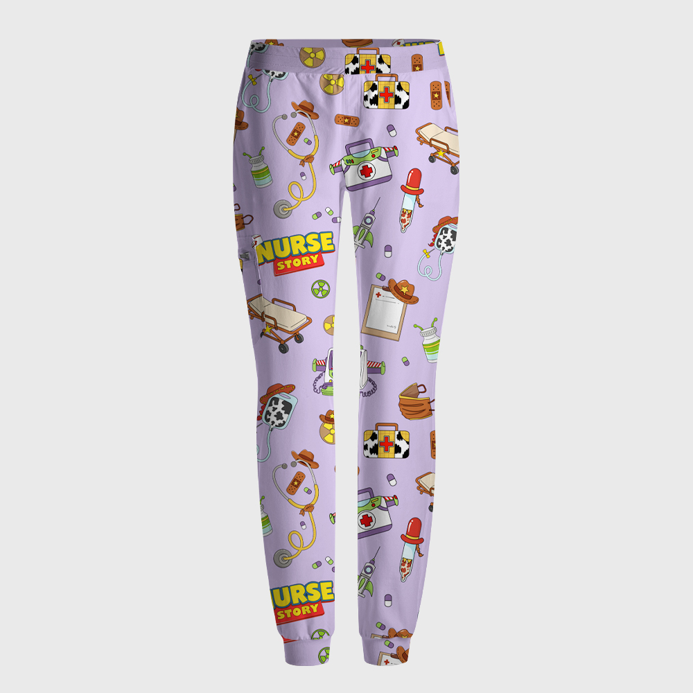 Cartoon Medical Equipment Print Nurse Scrub Set
