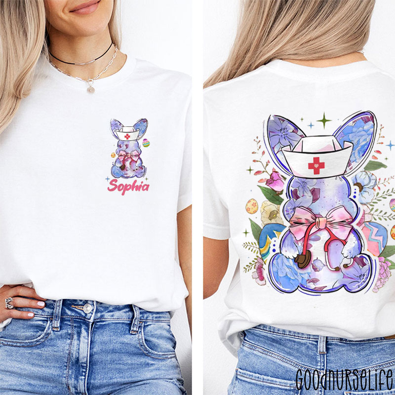 Personalized Name Bunny Nurse Easter Vibe Nurse Two Sided T-Shirt
