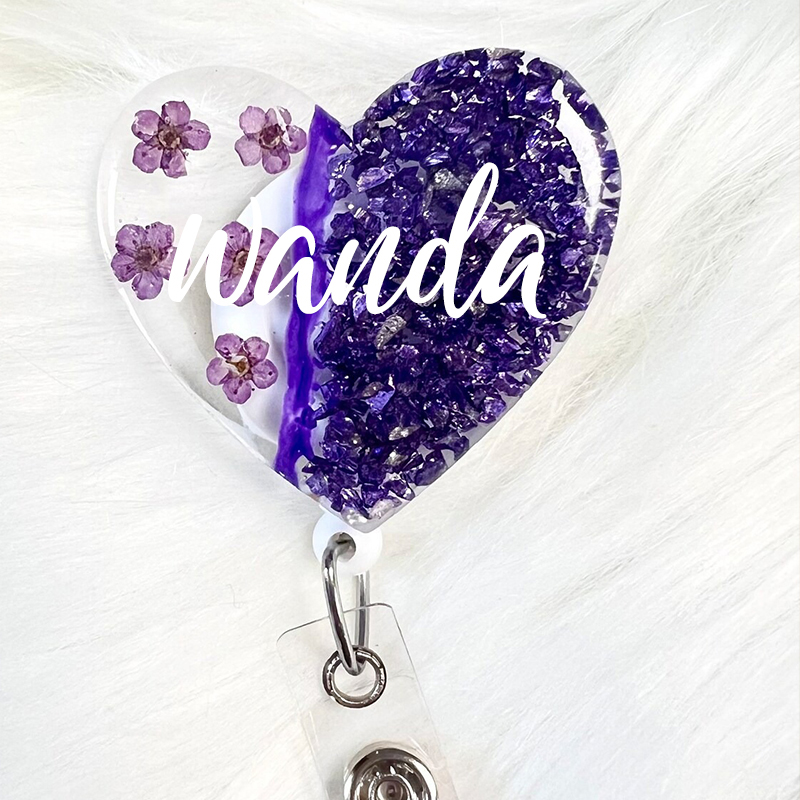 Personalized Name Pressed Flower Heart Nurse Badge Reel