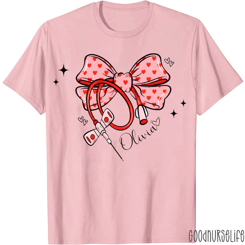 Personalized Valentine's Phlebotomy Pink Bow Tie T-shirt