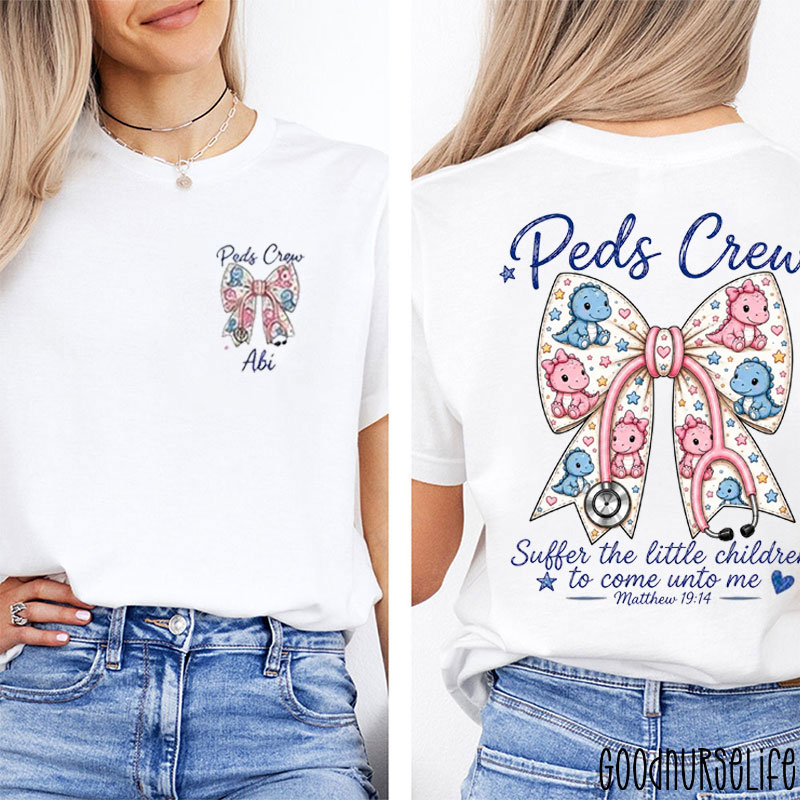Personalized Peds Crew Dinosaur Bow Nurse Two Sided T-Shirt