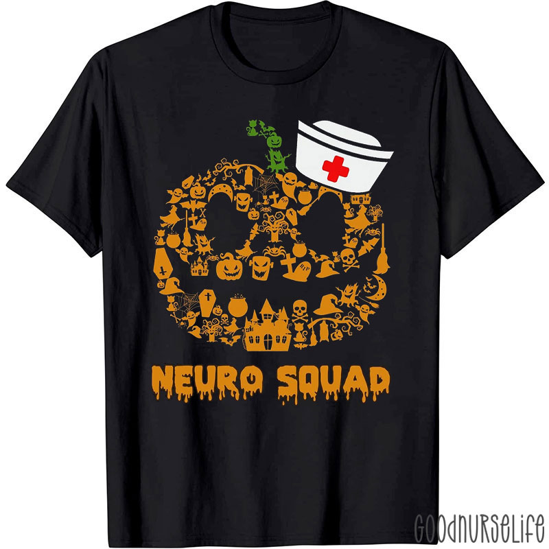 Halloween Neuro Squad Spooky Pumpkin And Nurse Hat Neurology Team T-Shirt