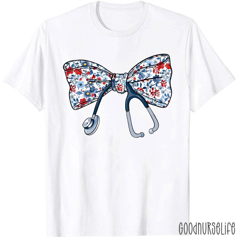 Floral Nurse Bow Stethoscope Nurse T-Shirt