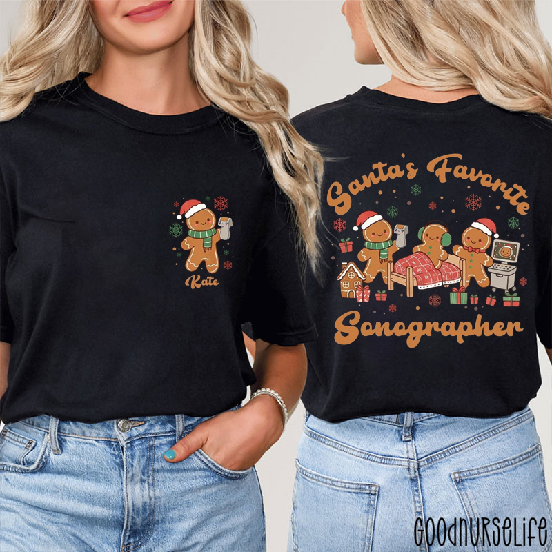 Personalized Santa's Favorite Sonographer Two Sided T-Shirt