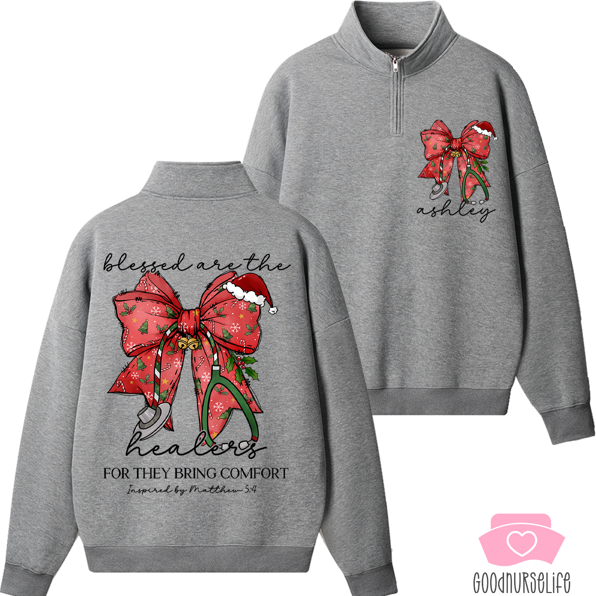 Personalized Christmas Coquette Bow Nurse Quarter Zip Sweatshirt