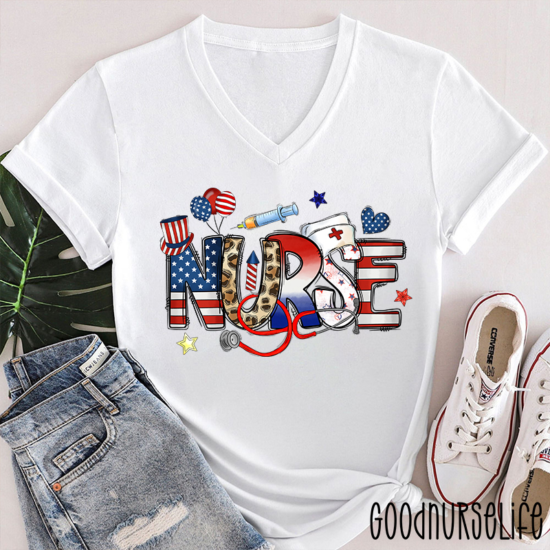 Independence Day Nurse Female V-Neck T-Shirt