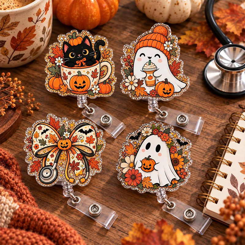 Ghost Pumpkin Black Cat Glitter Badge Reel
