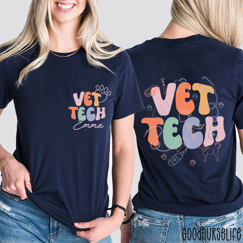 Personalized Colorful Vet Tech Pet Care Nurse Two Sided T-Shirt