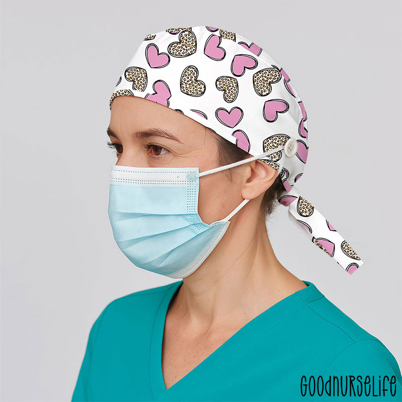 Cute Pink And Leopard Heart Nurse Scrub Cap