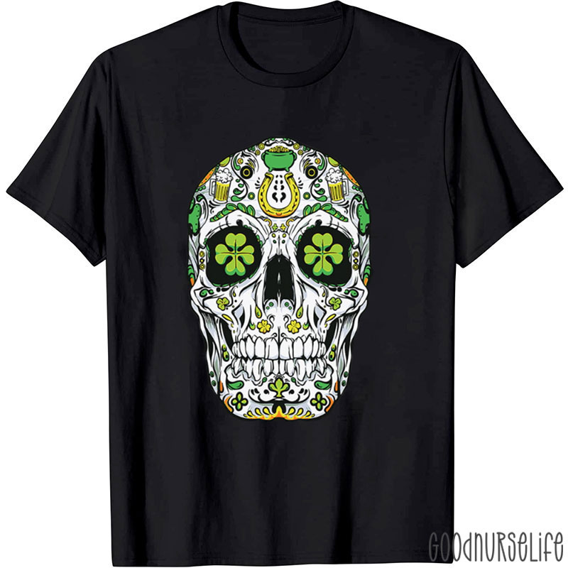 St Patricks Day Skull Shamrock Nurse T-Shirt