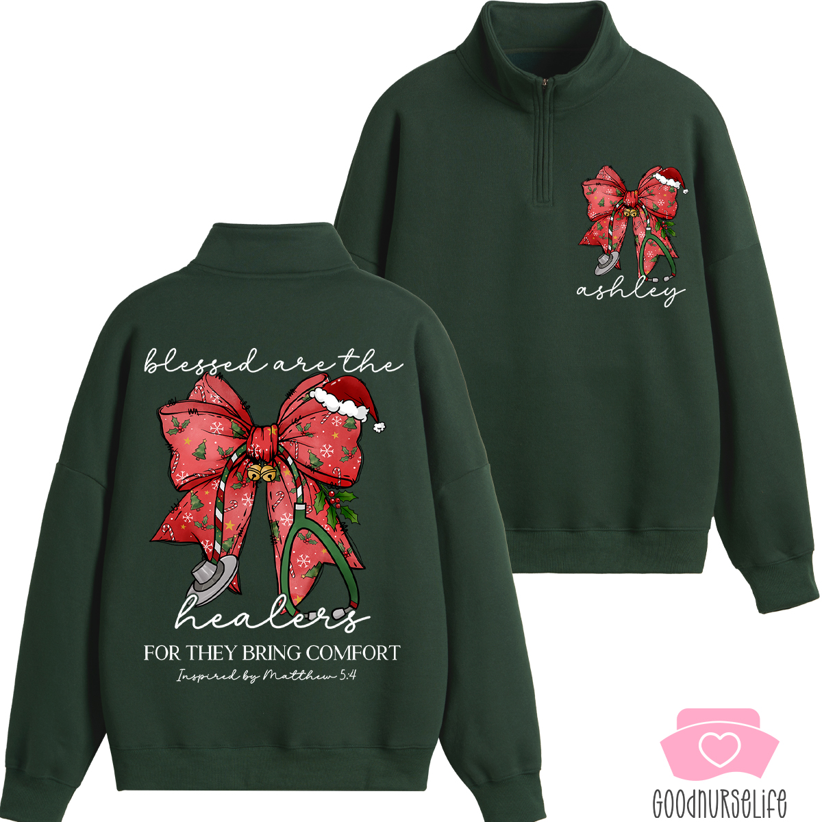 Personalized Christmas Coquette Bow Nurse Quarter Zip Sweatshirt