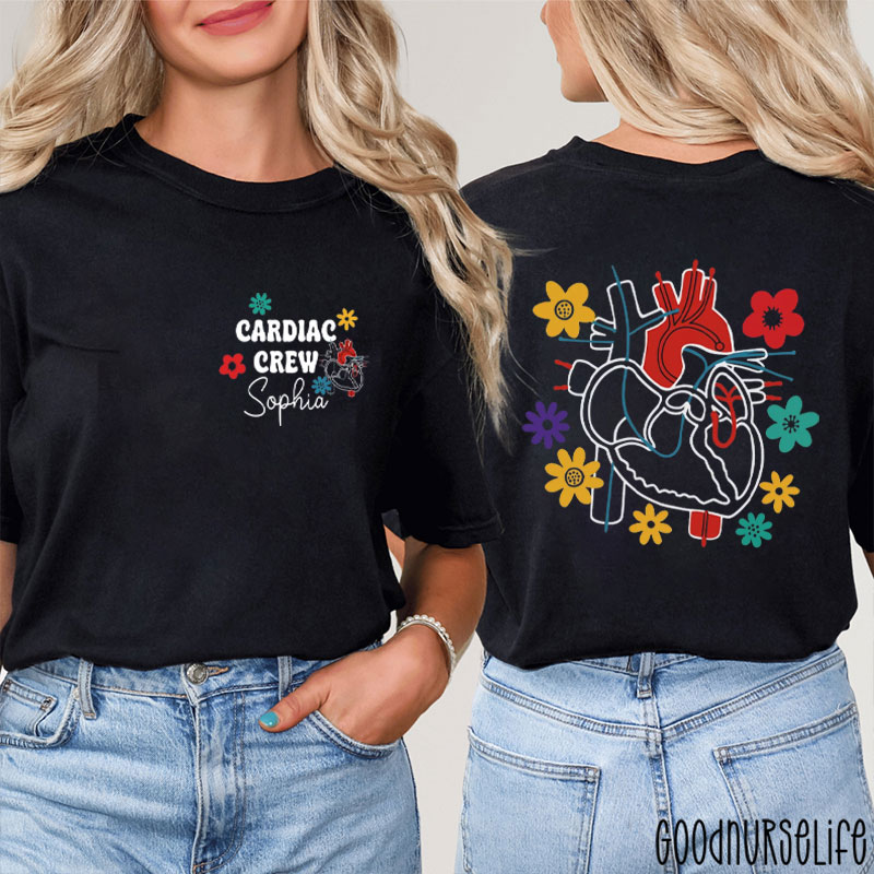Personalized Name Floral Cardiac Crew Nurse Two Sided T-Shirt