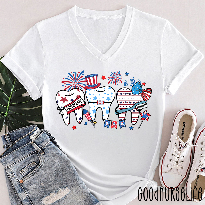 Tooth Celebrating The Fourth Of July Female V-Neck T-Shirt