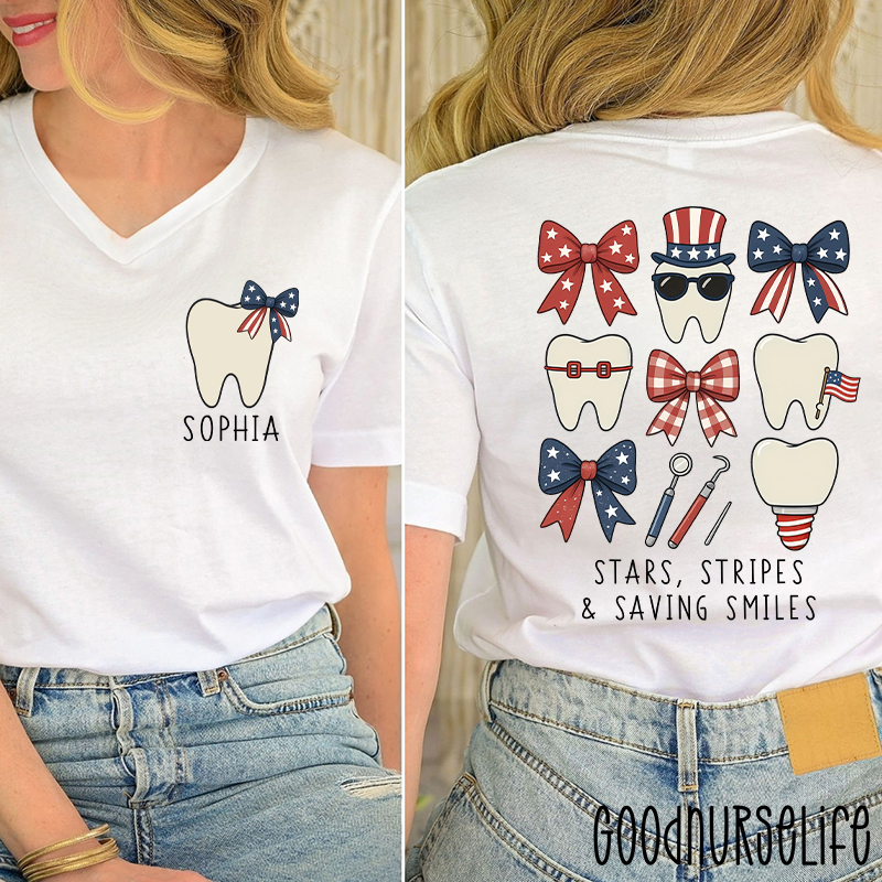 Personalized Stars Stripes & Saving Smiles Female V-Neck Two Sided T-Shirt
