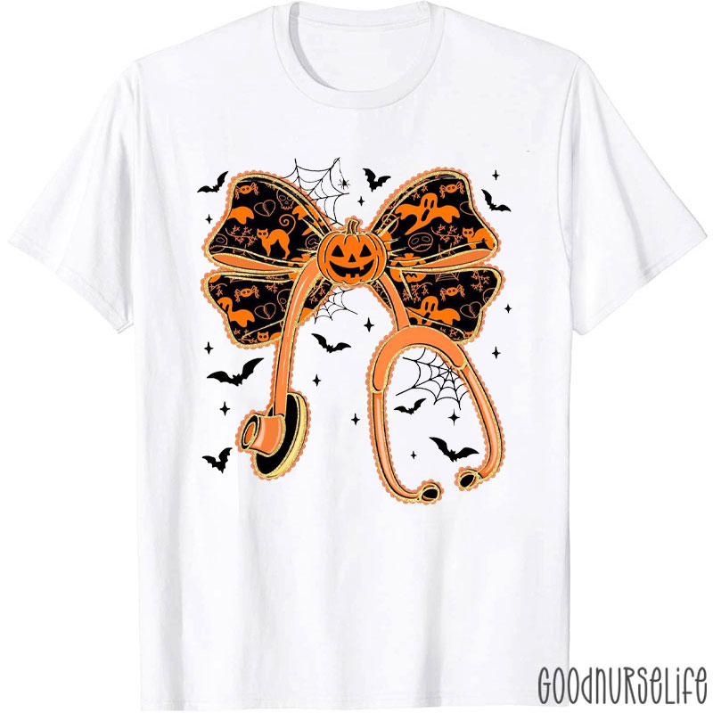 Halloween Spider Ghost And Pumpkin Bow Stethoscope Nurse T-Shirt