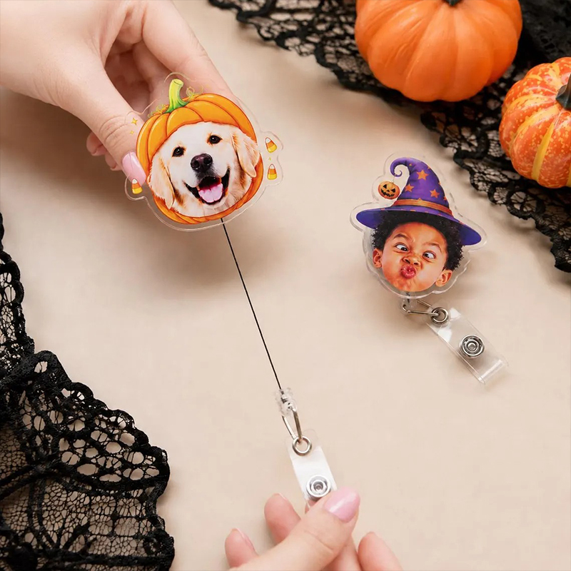 Personalized Photo Halloween Pumpkin Bat Witch Hat Nurse Badge Reel