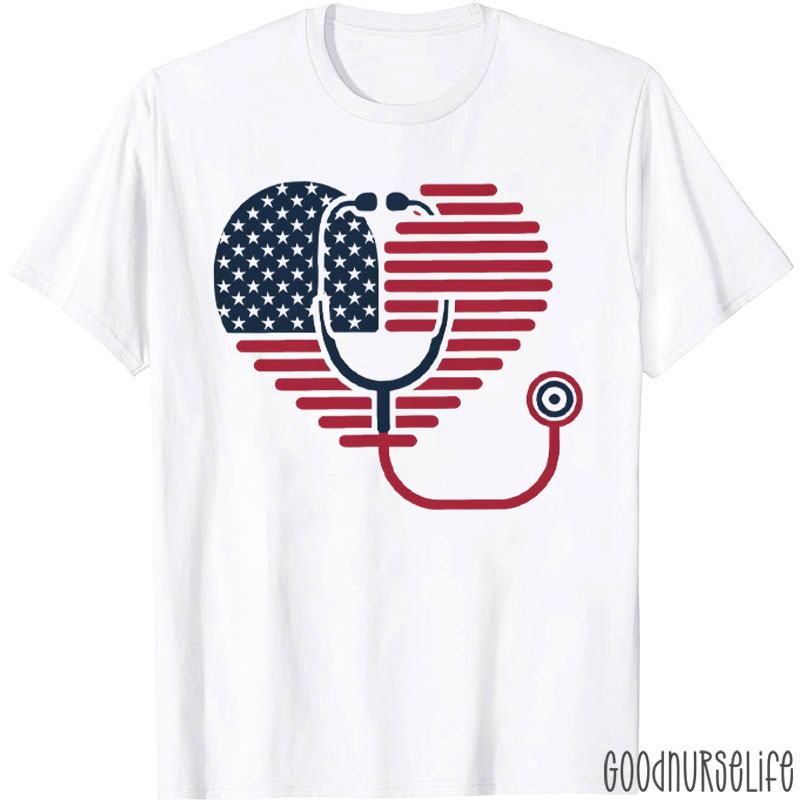 American Flag Stethoscope Medical Heart Nurse T-Shirt