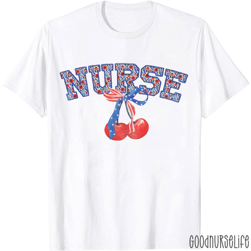 Flag Cherry Bow Tie Nurse T-Shirt