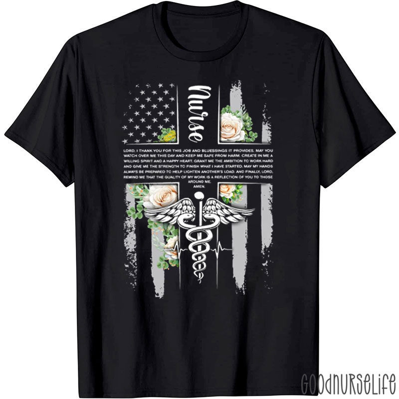 Funny Nurse Flag Flower Caduceus Medical Symbol Nurse T-Shirt