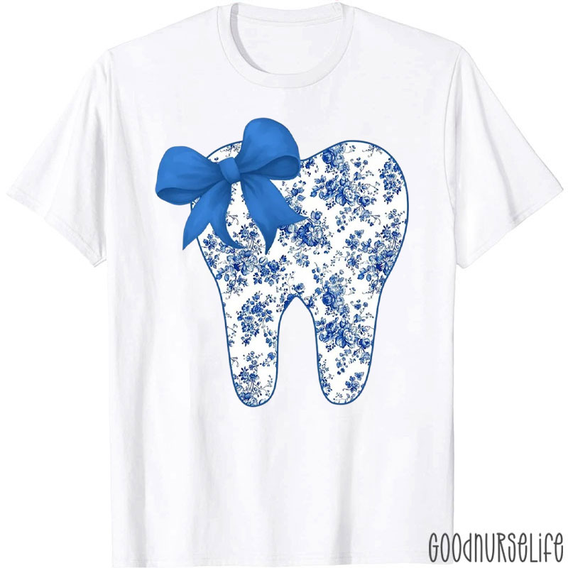 Tooth Chinoiserie Toile Floral Dental Coquette Bow T-Shirt