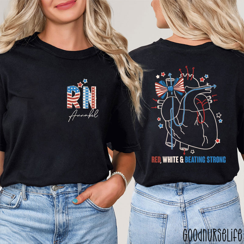 Personalized Red White & Beating Strong Nurse Two Sided T-Shirt
