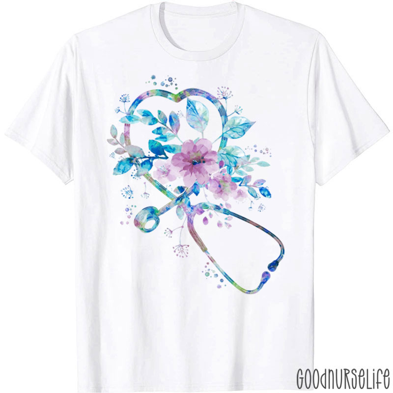 Floral Heart Stethoscope Nurse T-Shirt