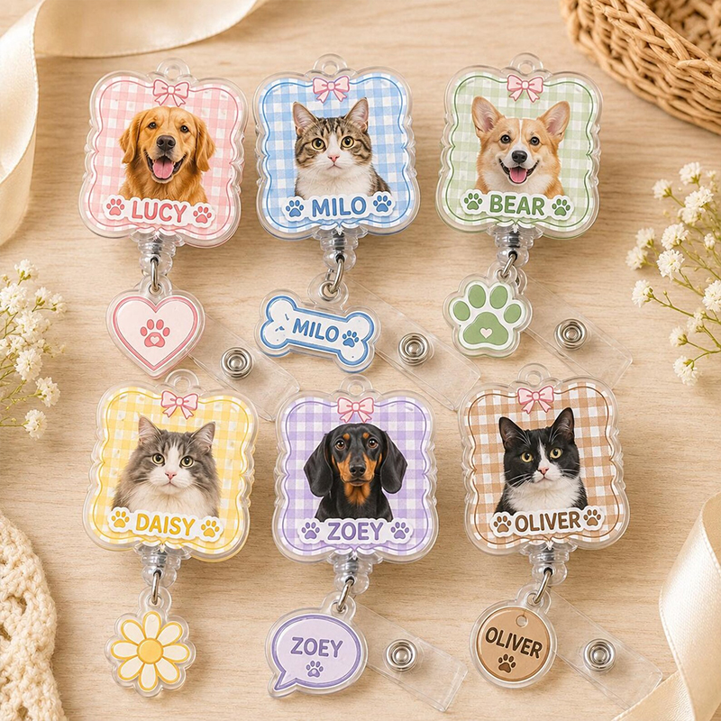 Personalized Pet Photo And Name Plaid Bow Badge Reel
