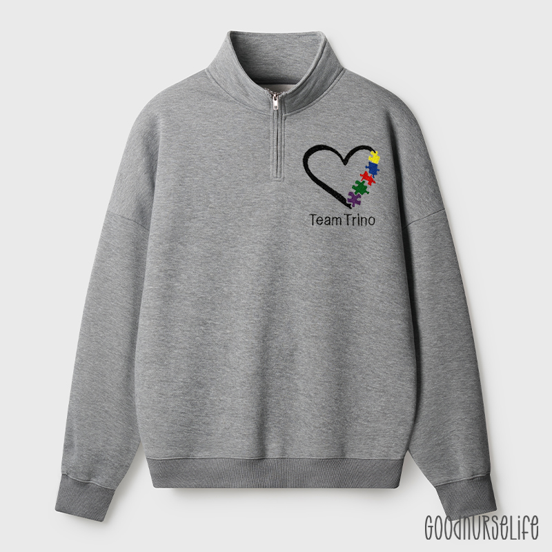 Personalized Embroidered Text Heart And Colorful Puzzle Quarter Zip Sweatshirt