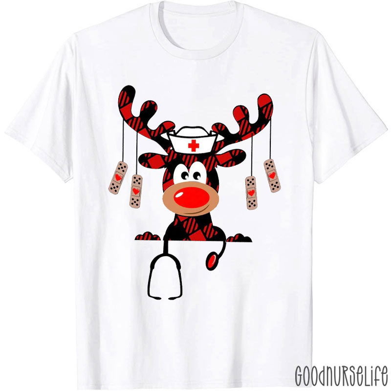 Nursing Christmas Reindeer Nurse With Bandages Nurse T-Shirt
