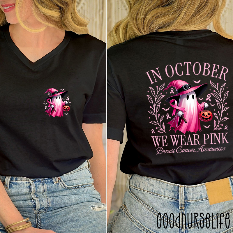Halloween Beautifully Ghost Picture Breast Cancer Awareness Female V-Neck Two Sided T-Shirt