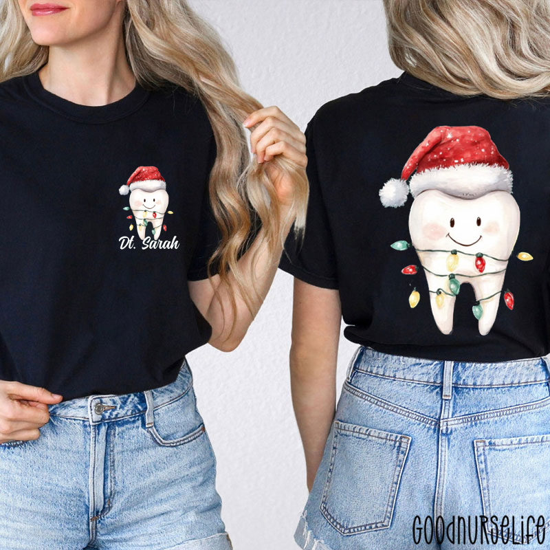 Personalized Name Cute Tooth Christmas Vibe Two Sided T-Shirt