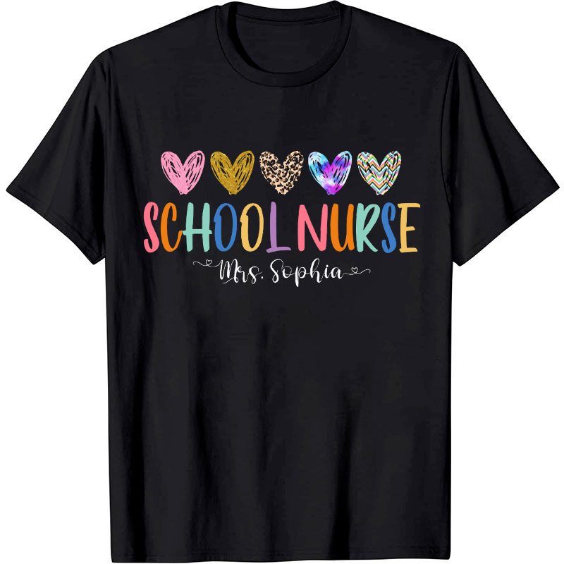 Personalized Colorful Heart School Nurse T-Shirt