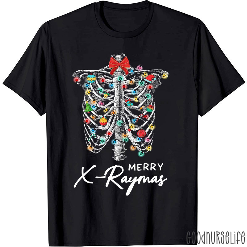 Merry X-Raymas Festive Ribcage With Christmas Lights And Ornaments T-Shirt