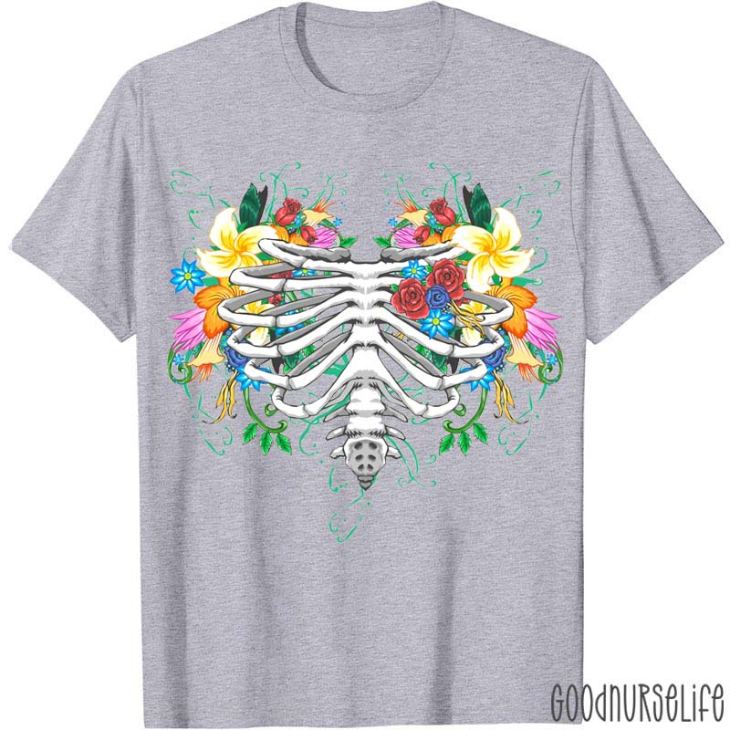 Floral Rib Cage Skeleton Flowers Nurse T-Shirt