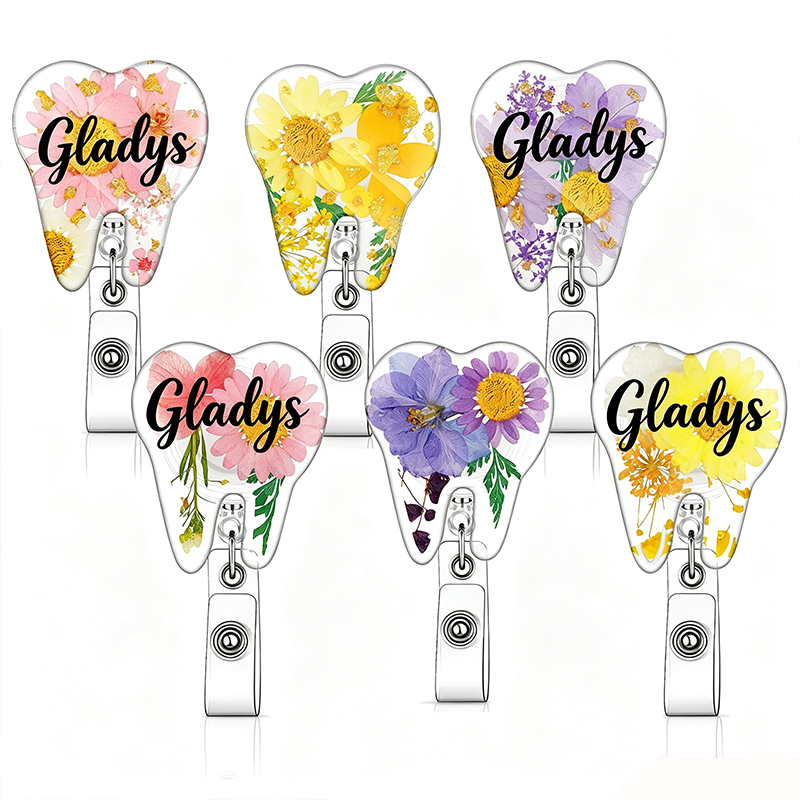 Personalized Name Teeth Dried Flower Dental Badge Reel