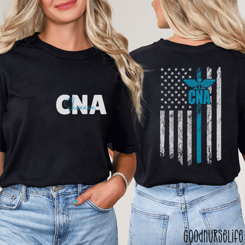 Personalized CNA Nurse Assistant American Flag Nurse Two Sided T-Shirt