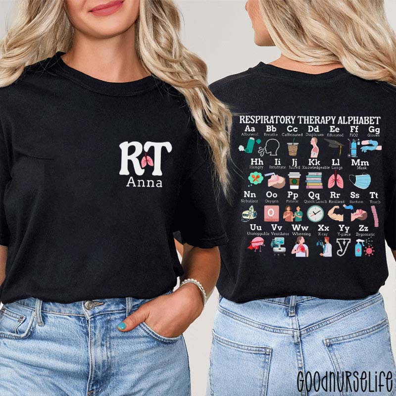 Personalized Respiratory Therapist Alphabet Nurse Two Sided T-Shirt