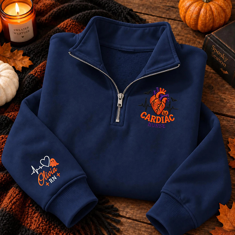 Personalized Halloween Heart Embroidered Quarter Zip Sweatshirt