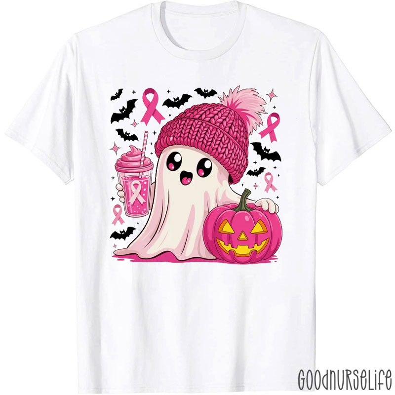 Halloween Breast Cancer Awareness Cute Ghost And Spooky Pumpkin Nurse T-Shirt