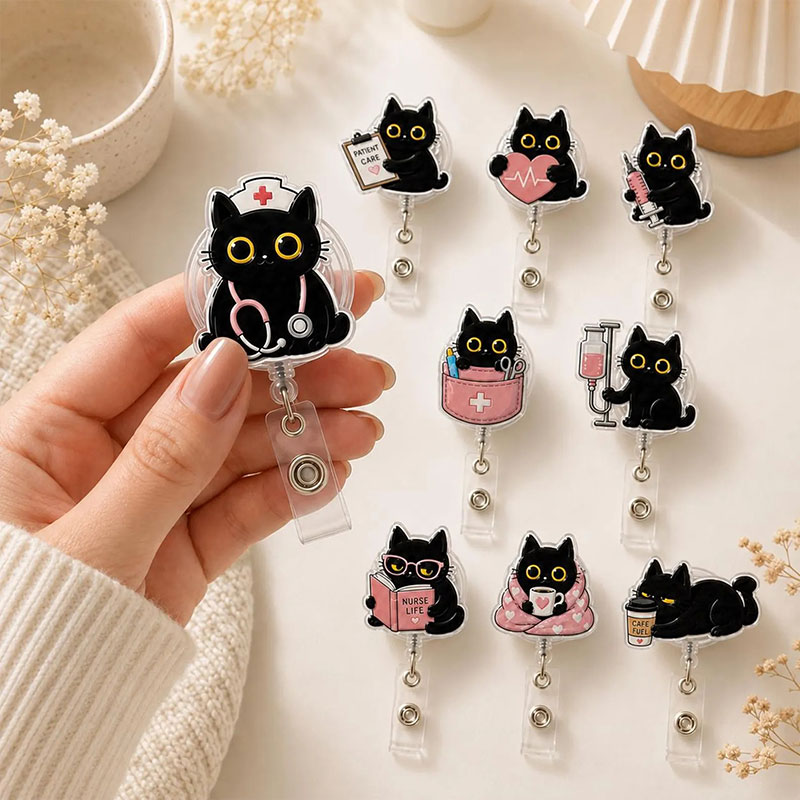 Funny Black Cat Nurse Badge Reel