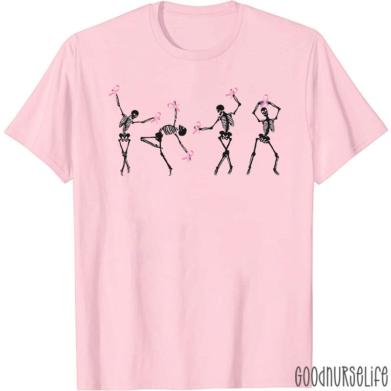 Breast Cancer Ribbon With Skeleton Dance Nurse T-Shirt