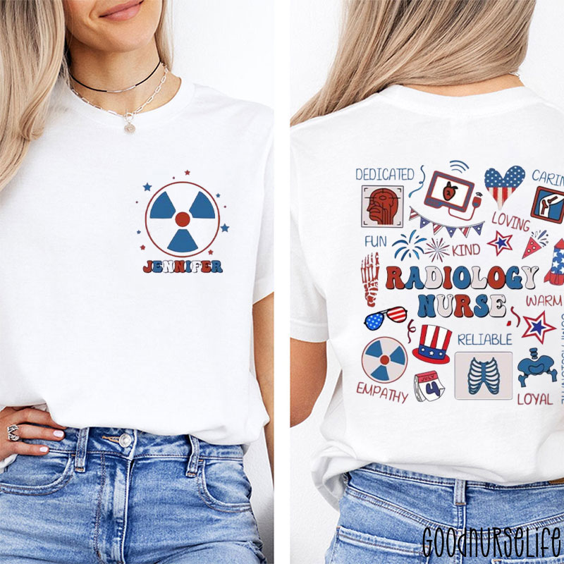 Personalized Name 4th Of July White Blue And Red Radiology Two Sided T-Shirt