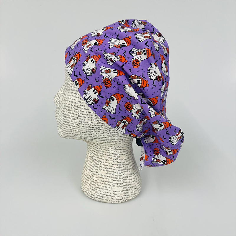 Halloween Ghost Pumpkin Ponytail Nurse Scrub Cap