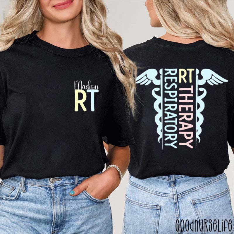Personalized Respiratory Therapist Pocket Print Nurse Two Sided T-Shirt